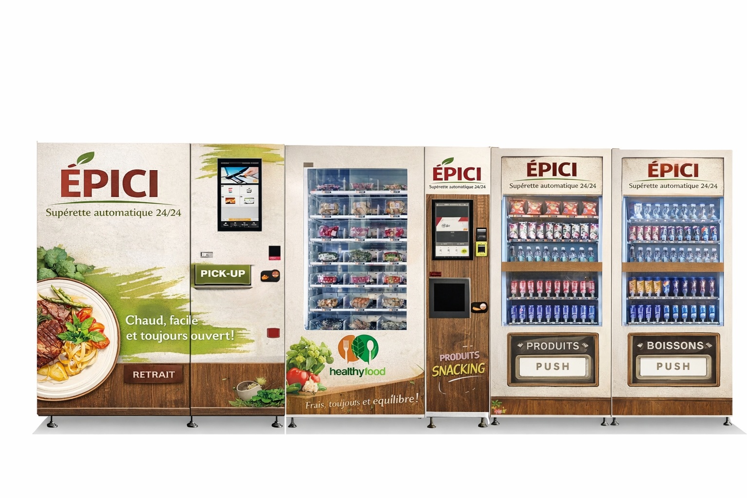 Modèles d’automates validés : plats chauds, frais & légumes (marché local), frais conditionné, sec